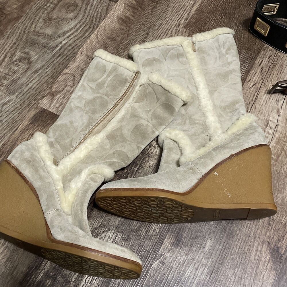 Need Repair Coach Jordana Suede Signature C Logo Boots Zip Up Wedge Size 8M Y2K